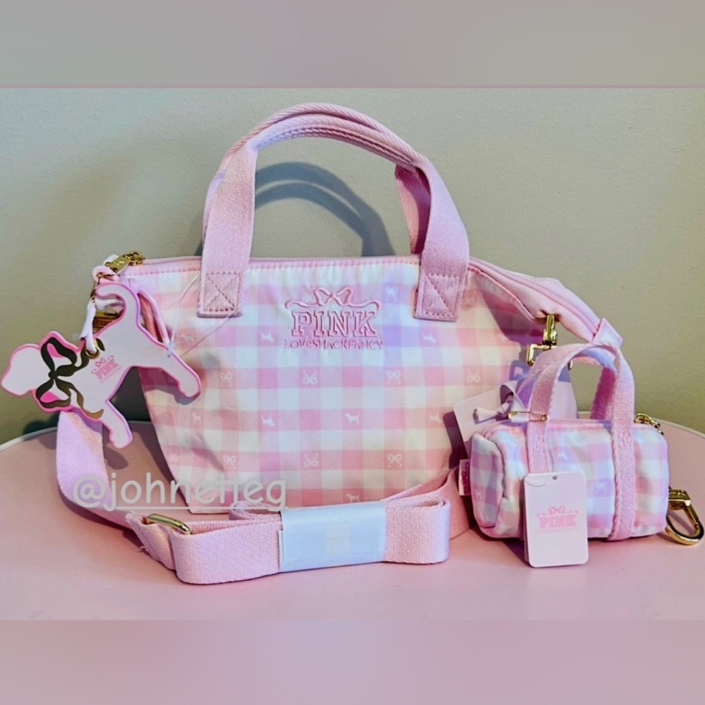 🎀PINK x LoveShackFancy Mini Tote Bag & Mini Duffle Keychain Charm Icon Gingham